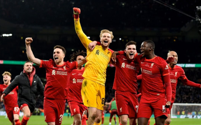 Liverpool players celebrate winning the Carabao Cup Final 