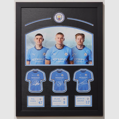 Manchester City 2024 Signables Collection - Framed Image and Signables - Erling Haaland, Kevin De Bruyne and Phil Foden