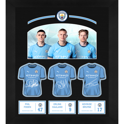 Manchester City 2024 Signables Collection - Framed Image and Signables - Erling Haaland, Kevin De Bruyne and Phil Foden