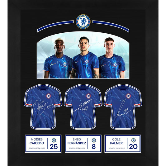 Chelsea 2024 Signables Collection - Framed Image and Signables - Cole Palmer, Enzo Fernández, and Moisés Caicedo